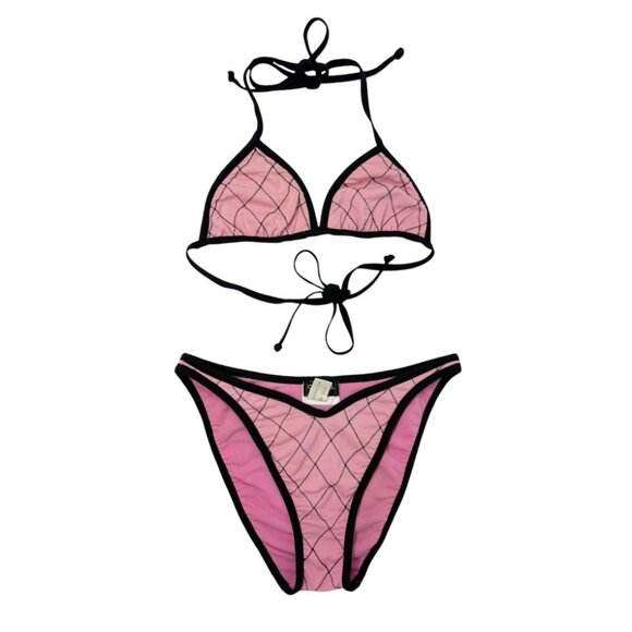 CHANEL Vintage 95P Matelasse Swimwear Bikini Set #36 Pink Black Nylon [106314] - Picture 1 of 11